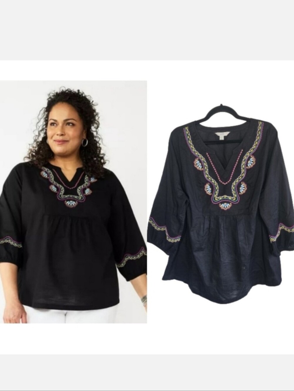 Croft & Borrow plus size black embroidered boho top Women's plus size 1X